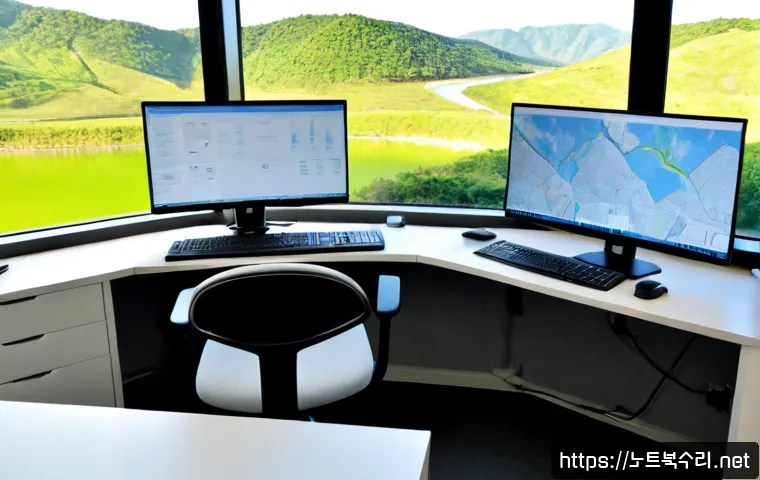 남종면 STATUS_IMAGE_NOT_FOUND - Photorealistic remote-support workstation in a quiet countryside office, dual monitors displaying ab...