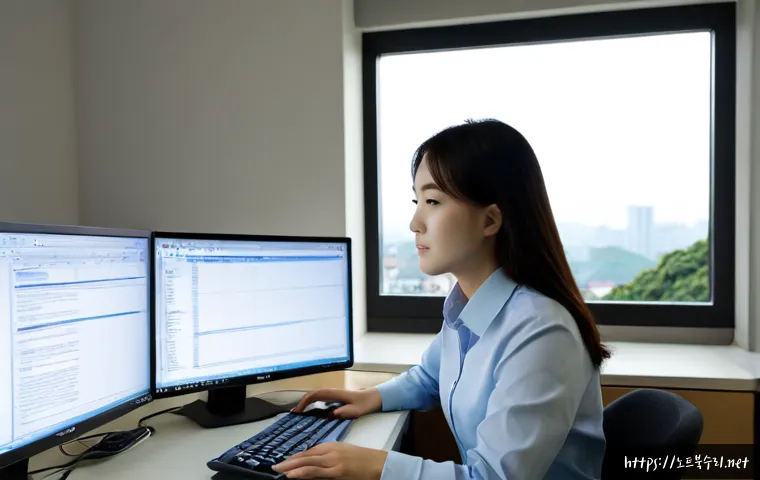 설문동 STATUS_FILE_READ_FAILURE - Photorealistic software support workstation in a quiet Goyang suburban office, dual monitors showing...