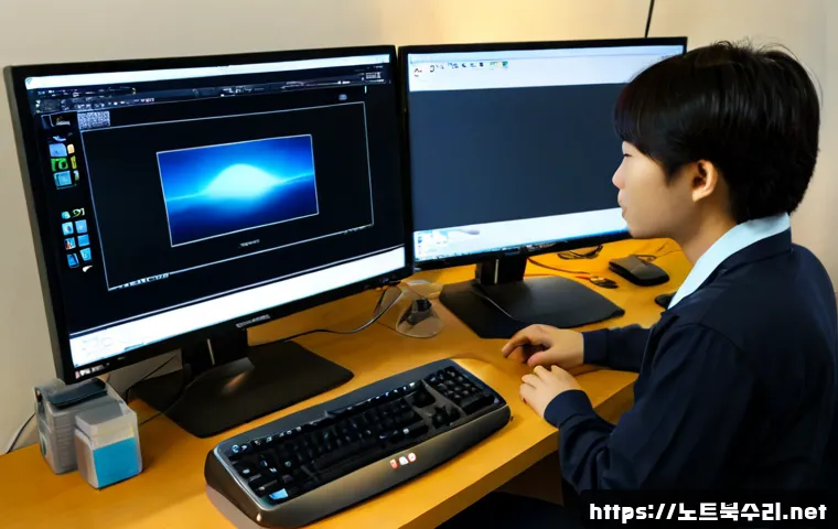청파동 SESSION_HAS_NO_PAGEFILE - Photorealistic remote-support workstation in a compact Cheongpa-dong apartment office, dual monitors...