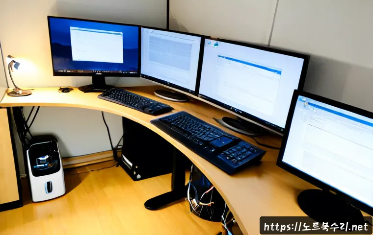 가리봉 STATUS_FILE_INVALID - Photorealistic remote IT support workstation in a compact Garibong-style apartment office, dual moni...