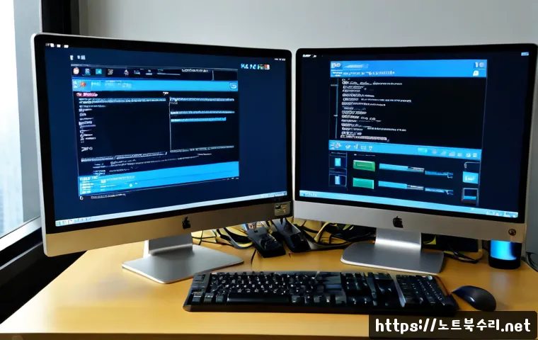 명일동 STATUS_KERNEL_CONFIGURATION_ERROR - Photorealistic IT support workstation in a modern Myeongil-dong apartment home office, dual monitors...
