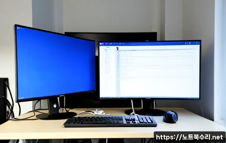 신도동 UNEXPECTED_KERNEL_MODE_TRAP - Photorealistic IT support workstation in a compact Seoul apartment office, dual monitors showing a b...