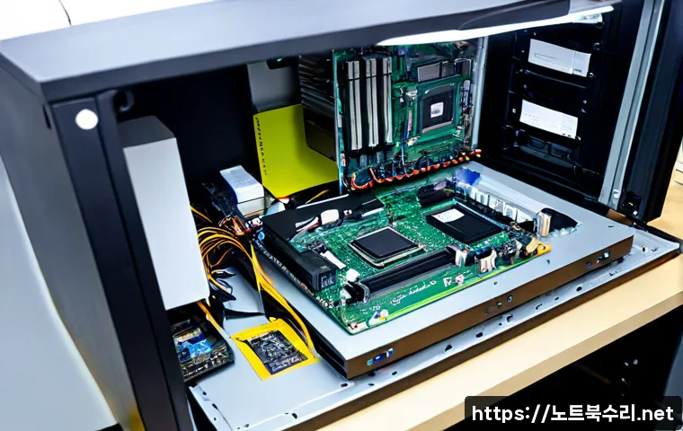 예장동 메인보드조립 및 교체수리 - Photorealistic PC repair workstation in a compact Yejang-dong electronics service shop, technician c...