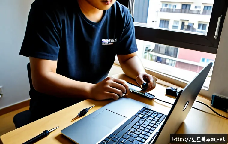 가정동 노트북 laptop 출장방문수리점 - Photorealistic home-visit laptop repair technician servicing an open notebook computer on a tidy apa...