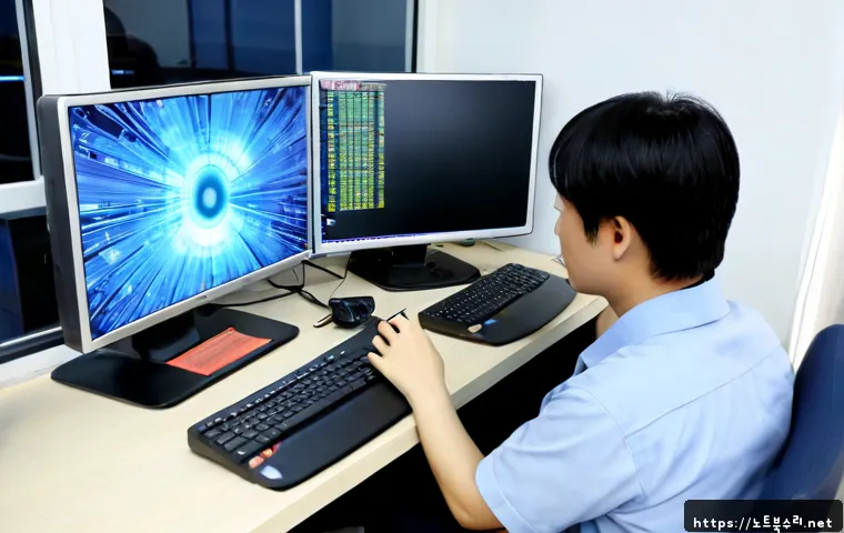 노량진 STATUS_KERNEL_MODULE_NOT_FOUND - Photorealistic IT support workstation in a compact Noryangjin-style office, dual monitors showing ab...