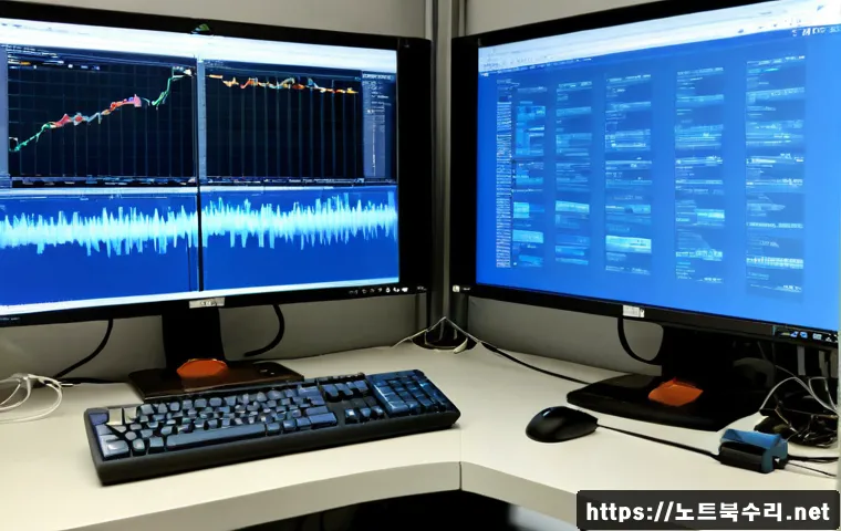 상지석동 KMODE_EXCEPTION_NOT_HANDLED - Photorealistic technical support workstation in a compact Seokgwan-dong office, dual monitors showin...