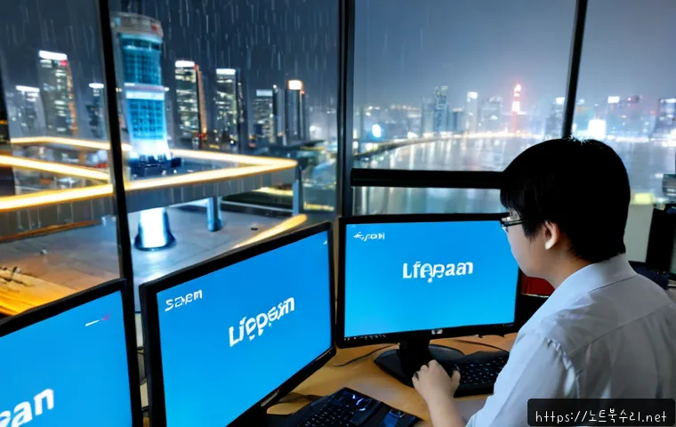 상암동 KERNEL_STACK_INPAGE_ERROR - Photorealistic IT support workstation in a modern Sangam digital-media office, dual monitors with a ...