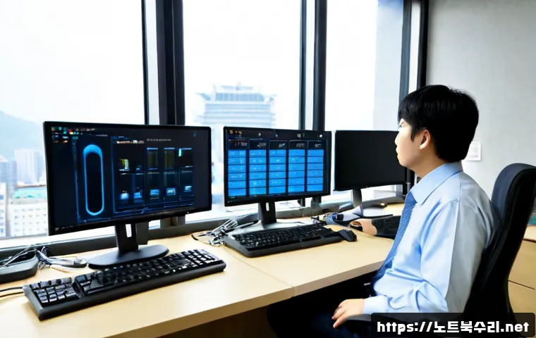 세종로 KERNEL_STACK_INPAGE_ERROR - Photorealistic IT support workstation in a modern government-office district near Sejong-ro, dual mo...