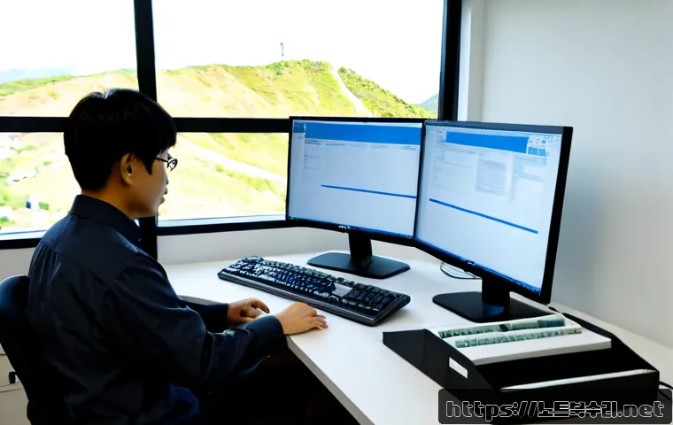상거동 STATUS_INVALID_SESSION - Photorealistic remote IT support workstation in a compact Sangggeo-dong office, engineer reviewing a...