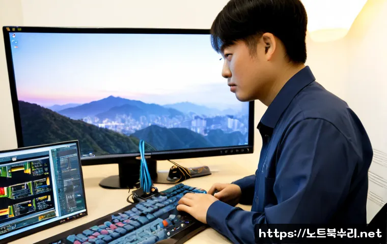 면목동 STATUS_STACK_BUFFER_OVERRUN - Photorealistic PC repair workstation in a compact Myeonmok-dong apartment office, dual monitors show...