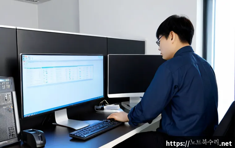 서림동 IO1_INITIALIZATION_FAILED - Photorealistic IT support workstation in a compact Seorim-dong office, dual monitors showing a blank...
