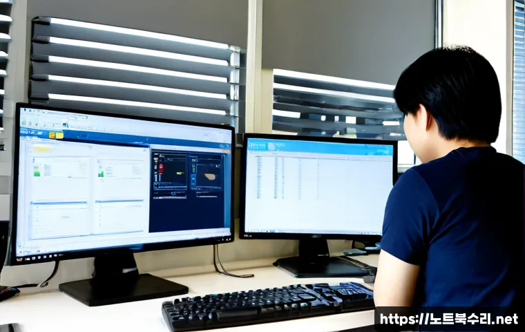 양산동 STATUS_PAGEFILE_MISSING - Photorealistic IT support workstation in a compact Yangsan-dong office, dual monitors showing a blan...