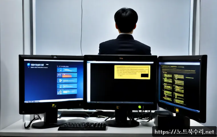 서초구 STATUS_KERNEL_BOOT_DRIVE_ERROR - Photorealistic IT support desk in Seocho, Seoul, a frustrated office worker facing a desktop worksta...