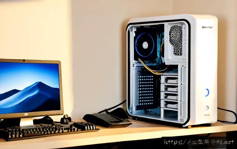 숭의동 오버클럭 뚜따 - Photorealistic PC tuning workstation in a compact Sungui-dong apartment office, an opened desktop to...