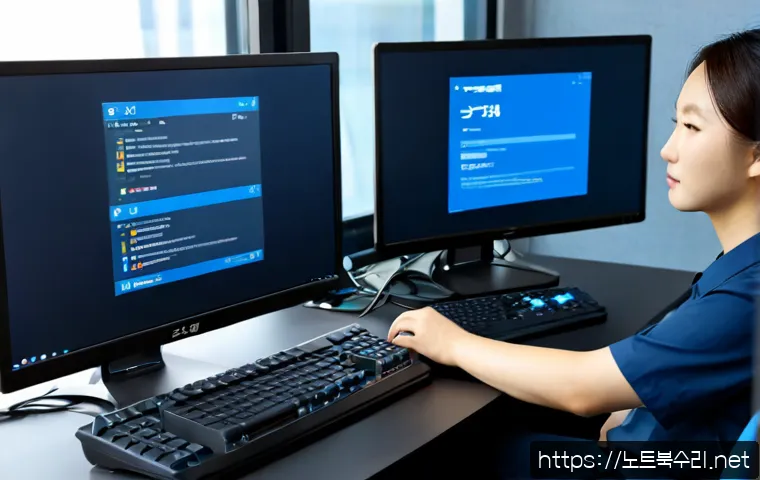 영통동 IO1_INITIALIZATION_FAILED - Photorealistic IT support workstation in a modern Yeongtong-dong office, desktop monitor showing a b...
