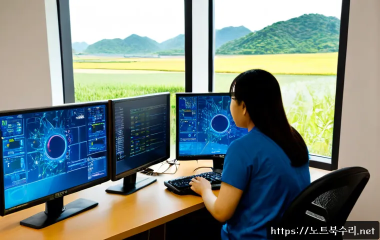 강화군 네트워크구축 설정 및 세팅오류해결 - Photorealistic network technician configuring a compact office workstation in Ganghwa County, dual m...