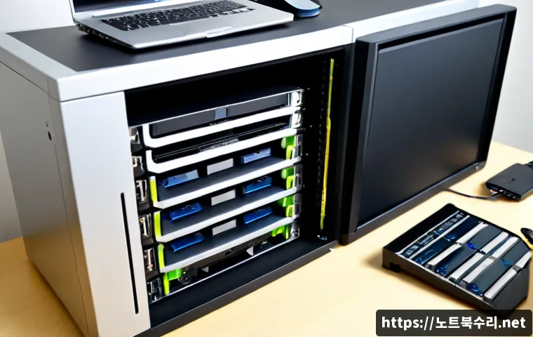 송천동 NAS출장방문수리점 - Photorealistic NAS repair technician servicing a compact four-bay network storage enclosure on a cle...
