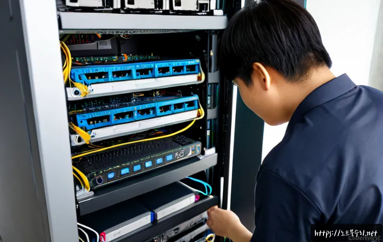 미산동 서버출장방문수리점 - Photorealistic on-site server repair in a compact Misandong office, skilled technician reconnecting ...