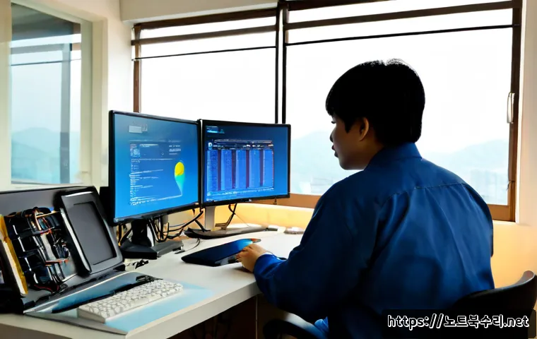 신장동 STATUS_KERNEL_DEVICE_ERROR - Photorealistic IT support workstation in a compact Sinjang-dong apartment office, dual unbranded mon...