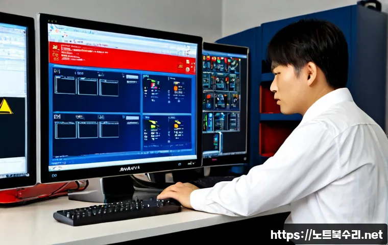 재동 STATUS_FILE_WRITE_FAILURE - Photorealistic IT support workstation, engineer reviewing a CAD-style mechanical assembly on a wides...