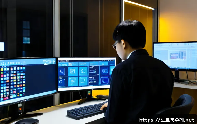 중리동 ATTEMPTED_EXECUTE_OF_NOEXECUTE_MEMORY - Photorealistic IT security technician at a compact workstation in Jungri-dong, monitoring an abstrac...