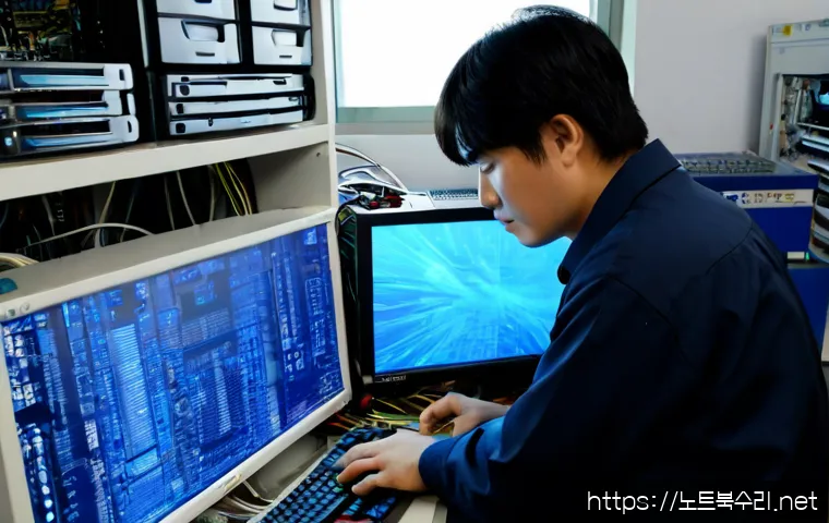 숭인동 STATUS_KERNEL_DATA_CORRUPTION - Photorealistic IT technician at a compact Sungin-dong electronics repair workstation, diagnosing a d...