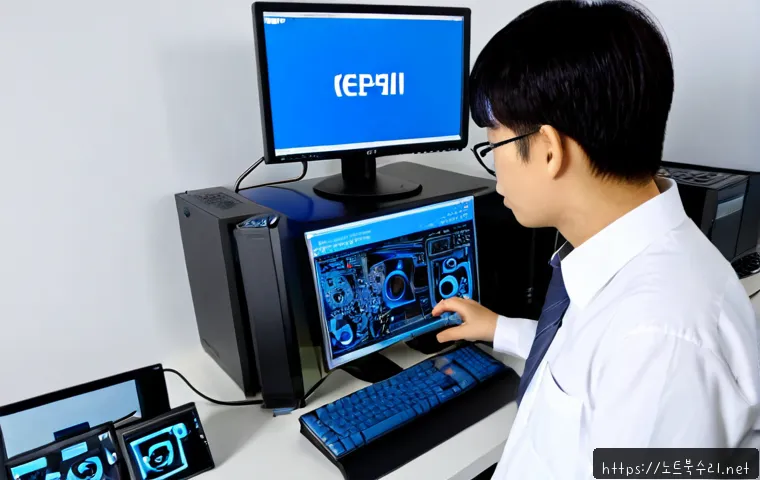 사노동 STATUS_KERNEL_DEBUG_FAILURE - Photorealistic PC repair workstation in a compact Sano-dong office, dual monitors showing a nonverba...