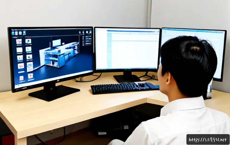 부곡동 THREAD_TERMINATION_PORT - Photorealistic remote-support workstation in a compact Bugok-dong apartment office, dual monitors sh...