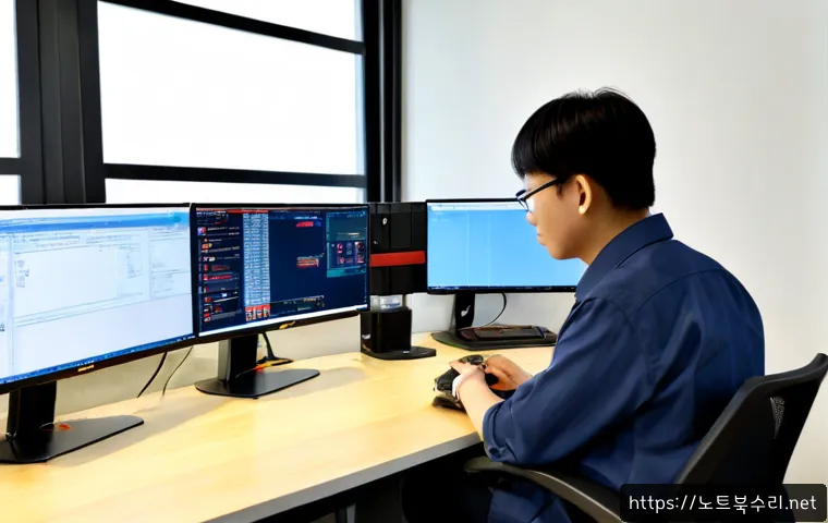 고기동 STATUS_IO_ERROR - Photorealistic high-performance workstation in a sleek Gangnam engineering office, dual ultrawide mo...