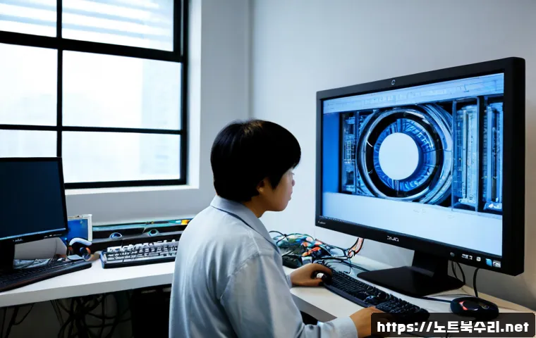 대학동 STATUS_KERNEL_APC_PENDING - Photorealistic university-district computer repair workspace, desktop tower opened beside dual monit...