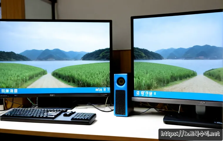 서종면 INACCESSIBLE_BOOT_DEVICE - Photorealistic remote IT support workstation in a quiet riverside township, dual monitors showing a ...