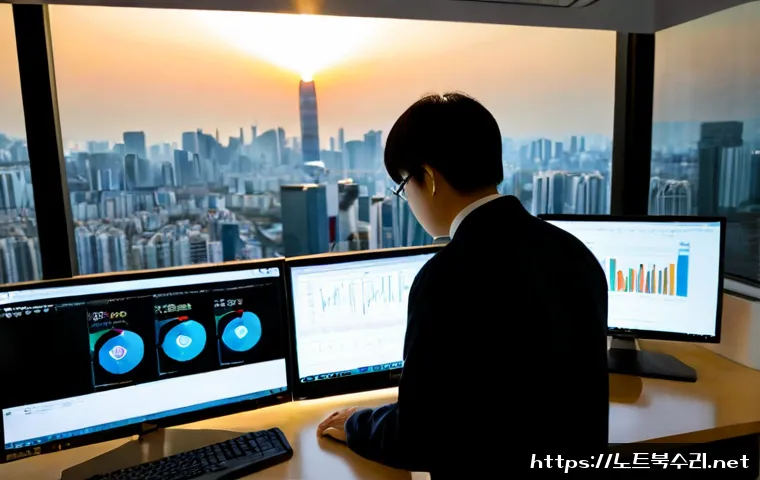 역삼동 STATUS_INSUFFICIENT_RESOURCES - Photorealistic IT support workstation in a modern Yeoksam-dong office tower, dual monitors showing a...
