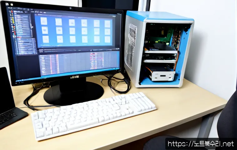 안녕동 부팅안됨 - Photorealistic computer repair workstation in a compact Korean neighborhood office, desktop tower op...
