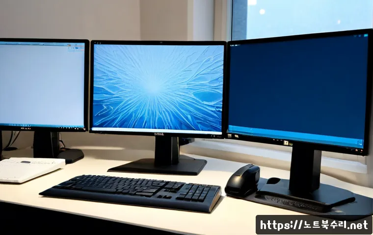 방배동 DRIVER_CAUSED_SYSTEM_CRASH - Photorealistic IT support workstation in a quiet Bangbae-dong apartment office, dual monitors showin...