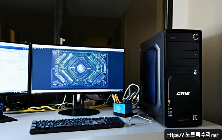 교문동 NMI_HARDWARE_FAILURE - Photorealistic desktop support workstation in a compact Korean neighborhood office near a school gat...