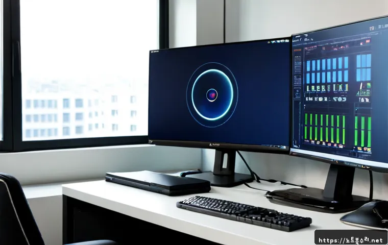 당왕동 ATTEMPTED_EXECUTE_OF_NOEXECUTE_MEMORY - Photorealistic IT support workstation in a compact Korean neighborhood office, dual monitors showing...