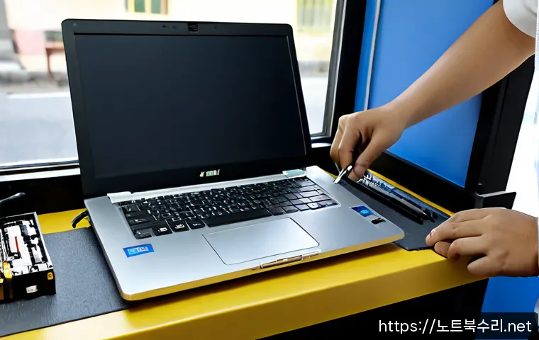 항동 맥북에어 판매 및 수리 - Photorealistic laptop repair workstation in a quiet Hang-dong electronics service shop, technician c...