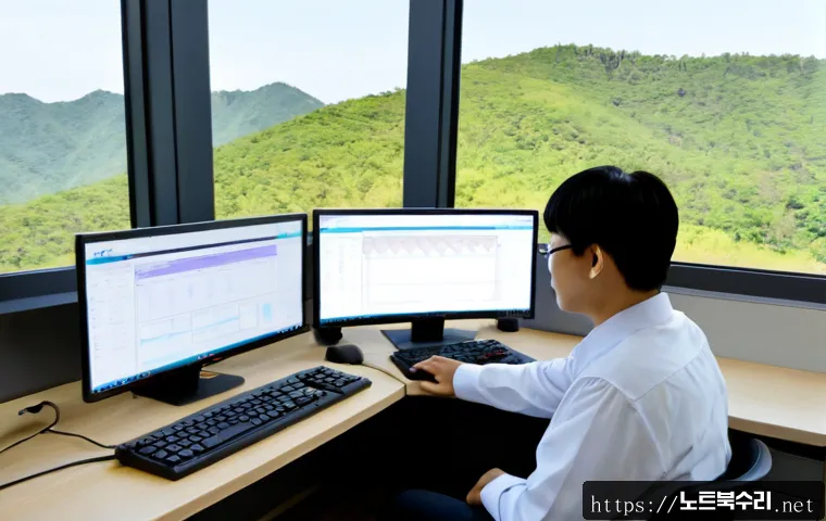 금토동 STATUS_INVALID_DISPOSITION - Photorealistic remote-support workstation in a quiet semi-rural Korean office near low wooded hills,...