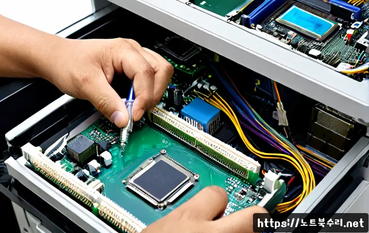 보개면 cpu조립 및 교체수리 - Photorealistic computer repair bench in a quiet semi-rural Korean service workshop, technician caref...
