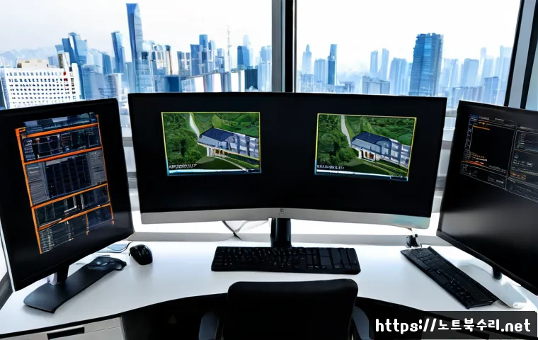 무교동 모니터화면 안나옴 - Photorealistic IT support scene in a modern Mugyo-dong office tower, dual-monitor workstation with o...