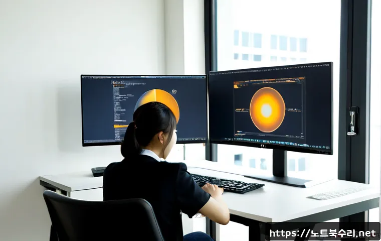선학동 STATUS_KERNEL_THREAD_INTERRUPTED - Photorealistic IT support workstation in a modern apartment office, dual monitors showing abstract s...