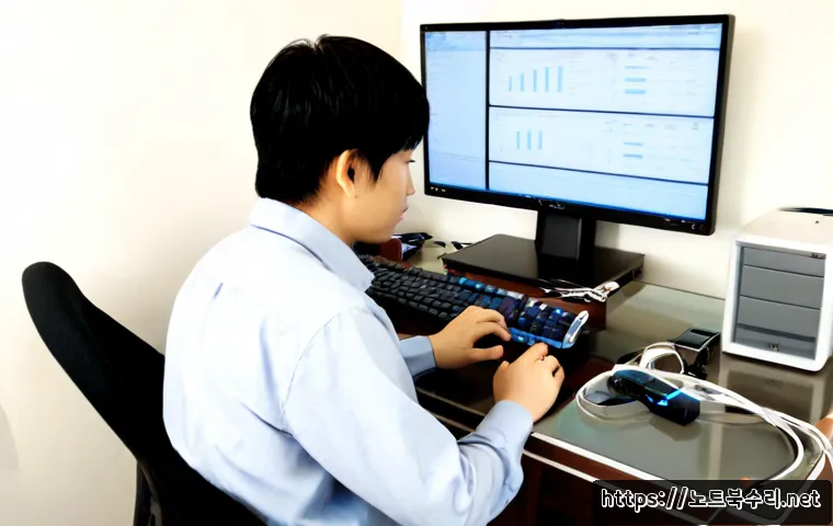 고양동 STATUS_KERNEL_MODULE_NOT_FOUND - Photorealistic IT support workstation in a quiet Goyang-dong apartment office, dual monitors showing...
