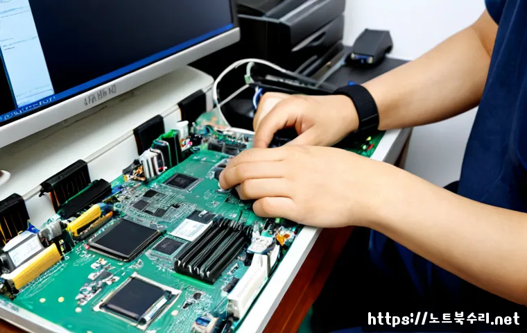 남사면 RAM조립 및 교체수리 - Photorealistic computer repair workstation in a quiet suburban Gyeonggi workshop, technician wearing...