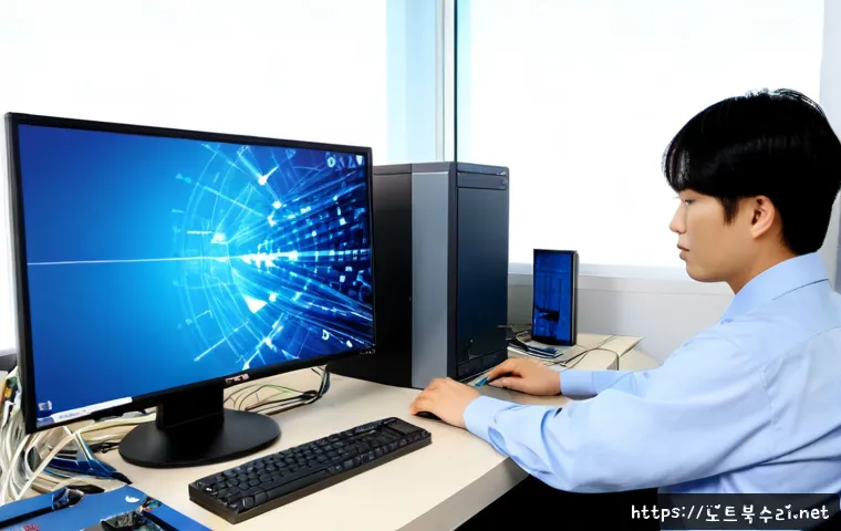 동본동 STATUS_STACK_UNDERFLOW - Photorealistic IT support workstation in a compact Korean neighborhood office, desktop monitor showi...