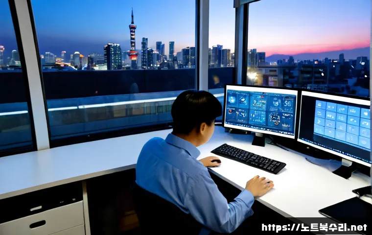 만리동 STATUS_STACK_BUFFER_OVERRUN - Photorealistic remote-support workstation in a compact Mallidong office near an elevated rail corrid...