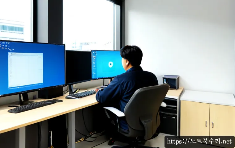 김포동 SESSION5_INITIALIZATION_FAILED - Photorealistic IT support workstation in a modern Gimpo office near low-rise industrial buildings, d...