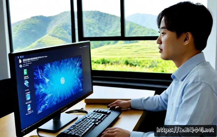 운중동 KERNEL_STACK_INPAGE_ERROR - Photorealistic remote-support workstation in a quiet Pangyo-area apartment office, dual monitors sho...