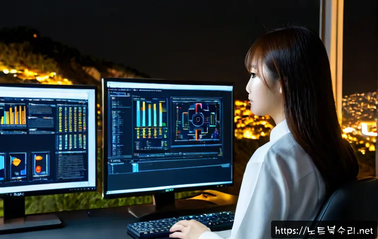 보문동 STATUS_KERNEL_MEMORY_LEAK - Photorealistic IT support workstation in a compact Seoul neighborhood office, dual monitors showing ...