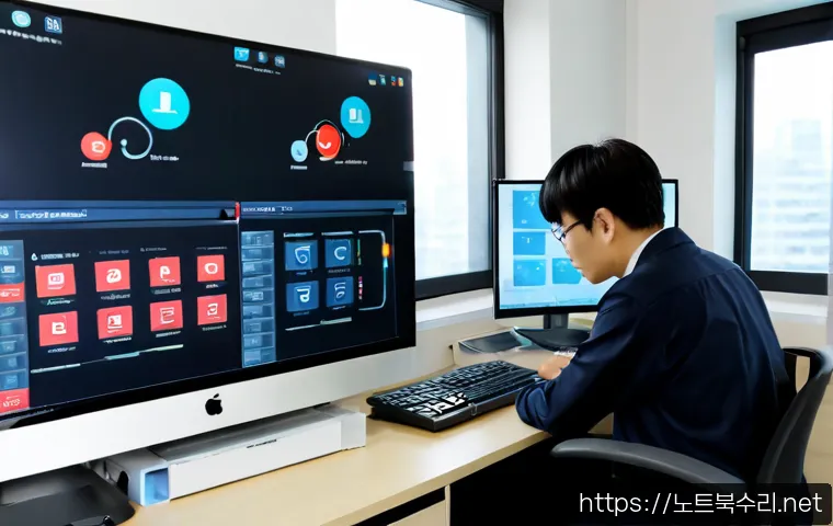 소사구 STATUS_NETWORK_ACCESS_DENIED - Photorealistic IT support workstation in Sosa-gu, Bucheon, frustrated office technician viewing a lo...