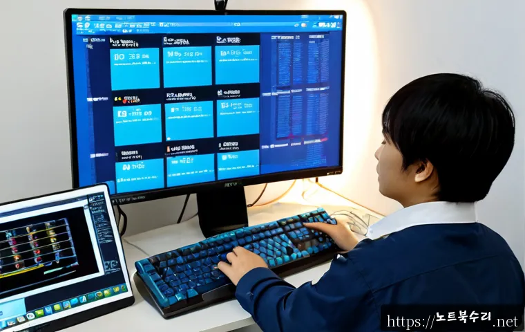 덕교동 CLOCK_WATCHDOG_TIMEOUT - Photorealistic IT support workstation in Deokgyo-dong, dual monitors showing a blank blue system err...